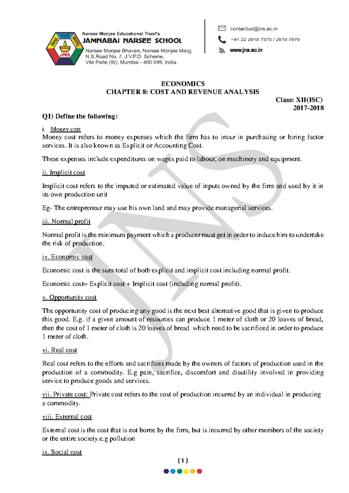 Economics XII: Cost & Revenue Analysis Notes - Chapter 8 - Studocu