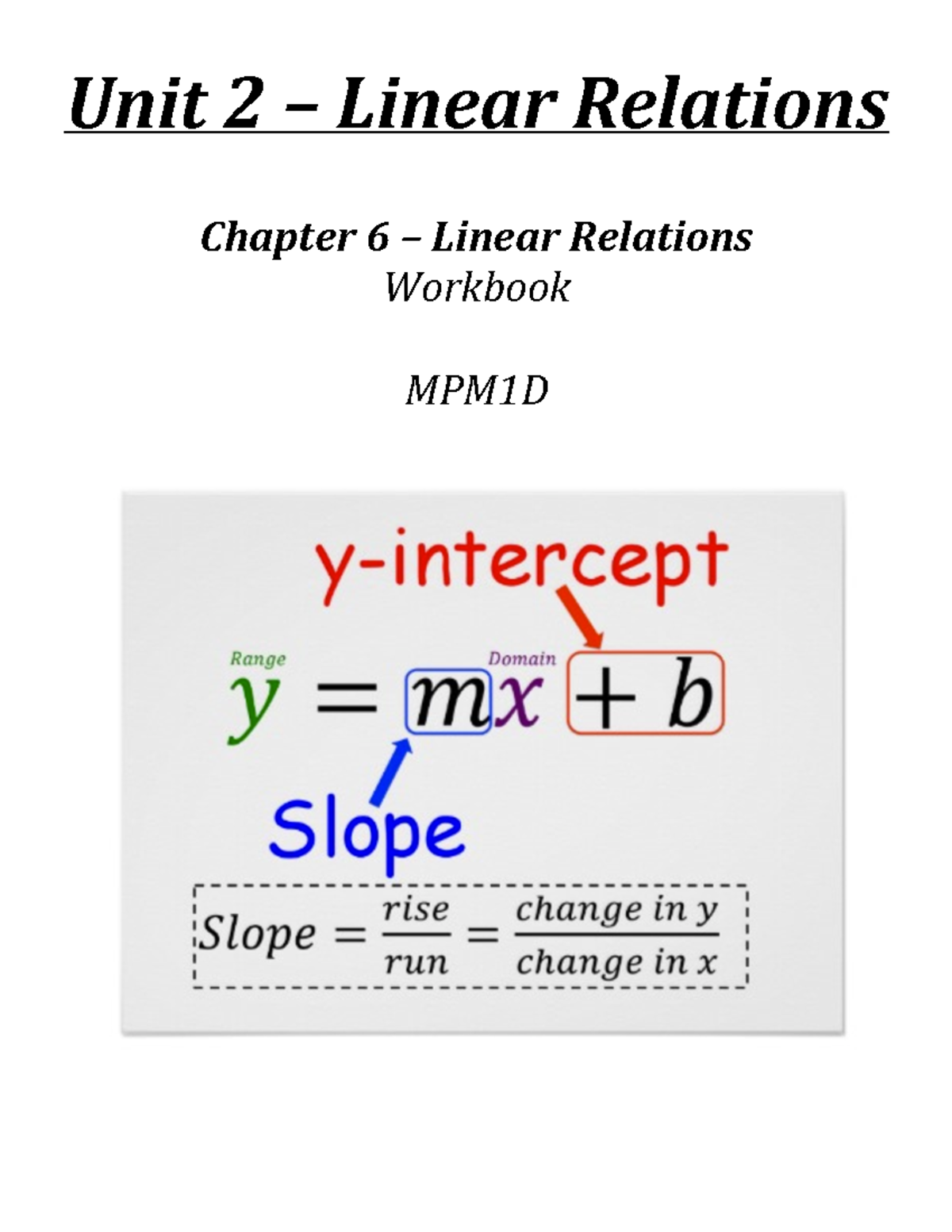 Chapter 6 Analyzing Linear Relations Workbook Unit 2 Linear