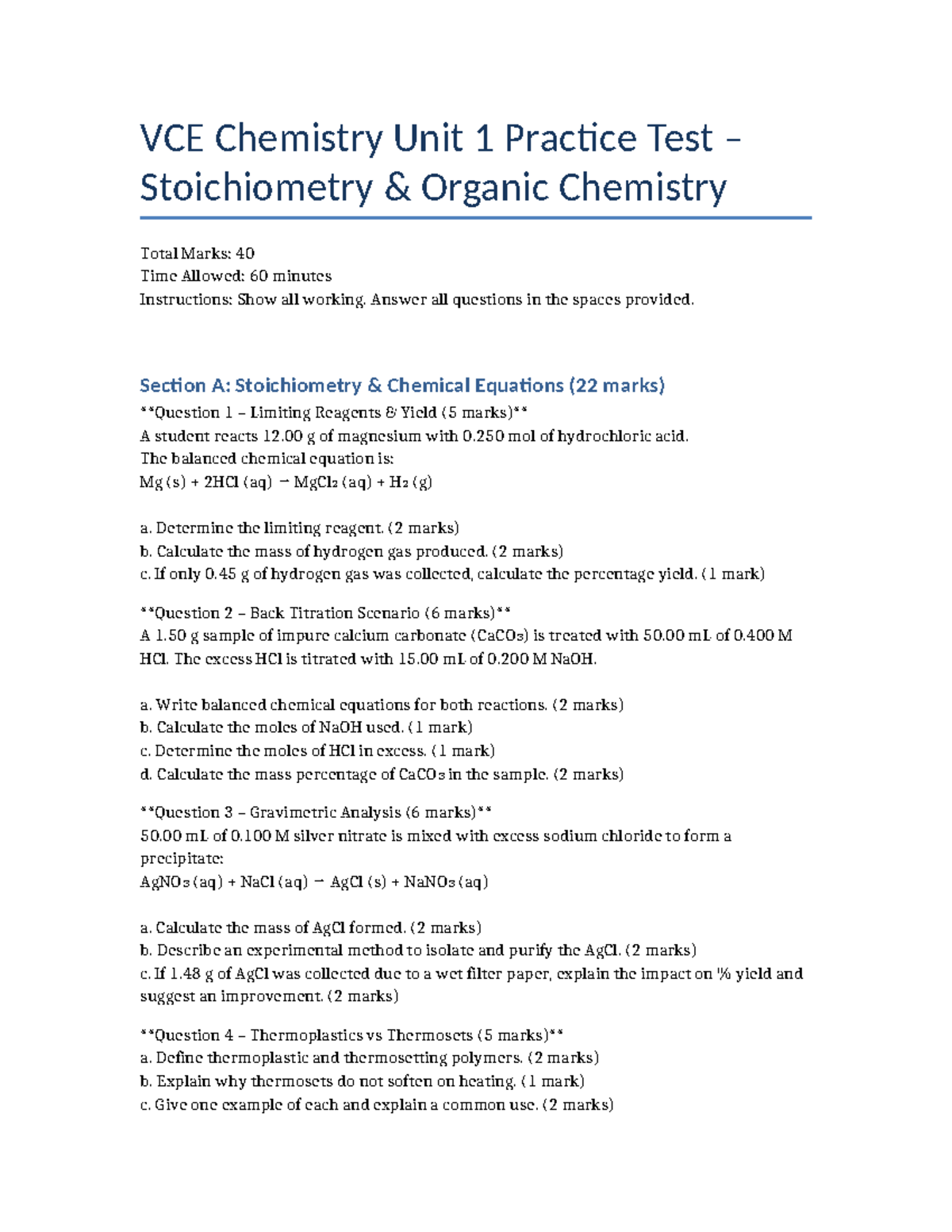 VCE Chem Unit 1 Practice Test: Stoichiometry & Organic Chemistry - Studocu