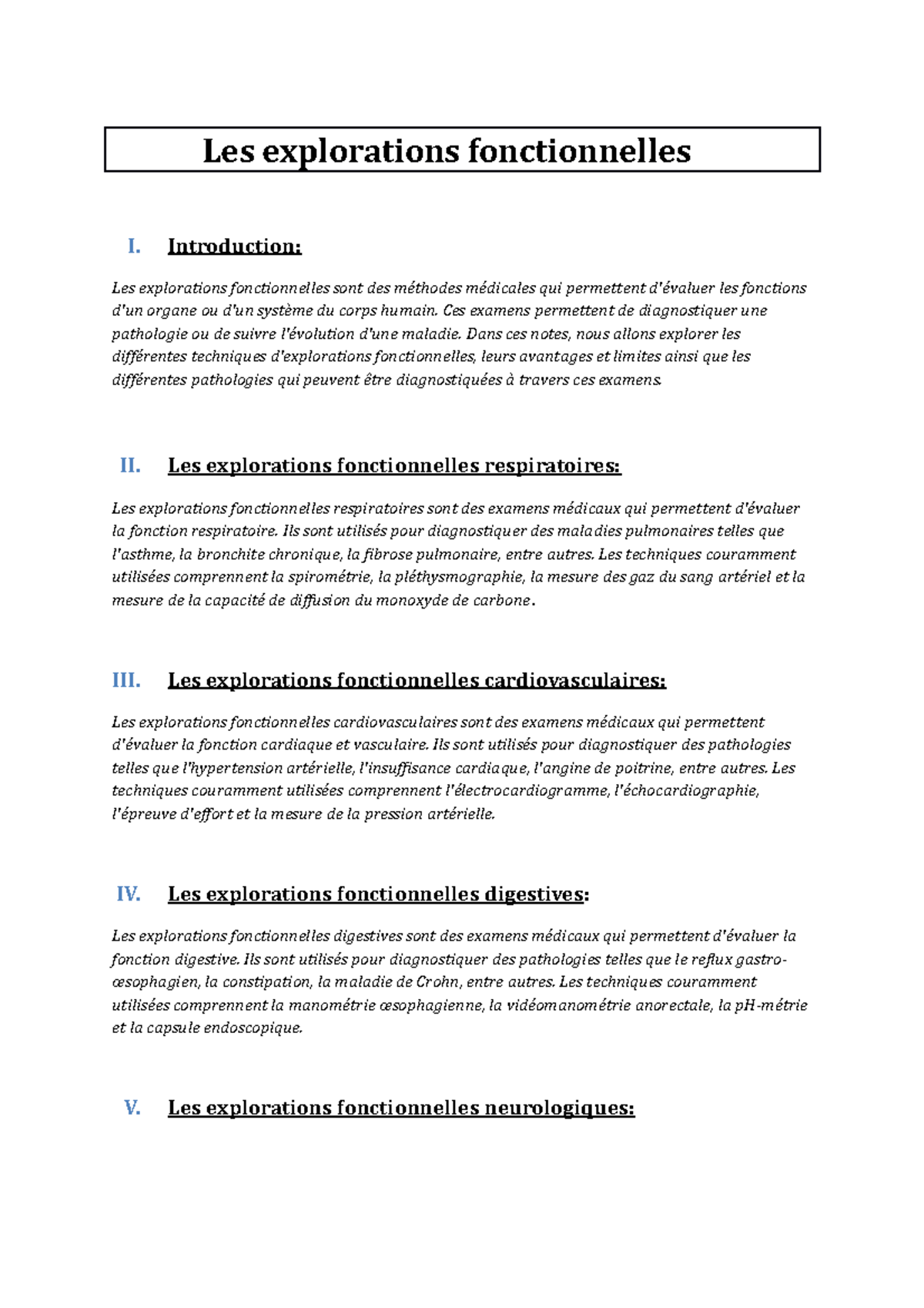 Explorations Fonctionnelles Médicales : Diagnostic et Techniques - Studocu
