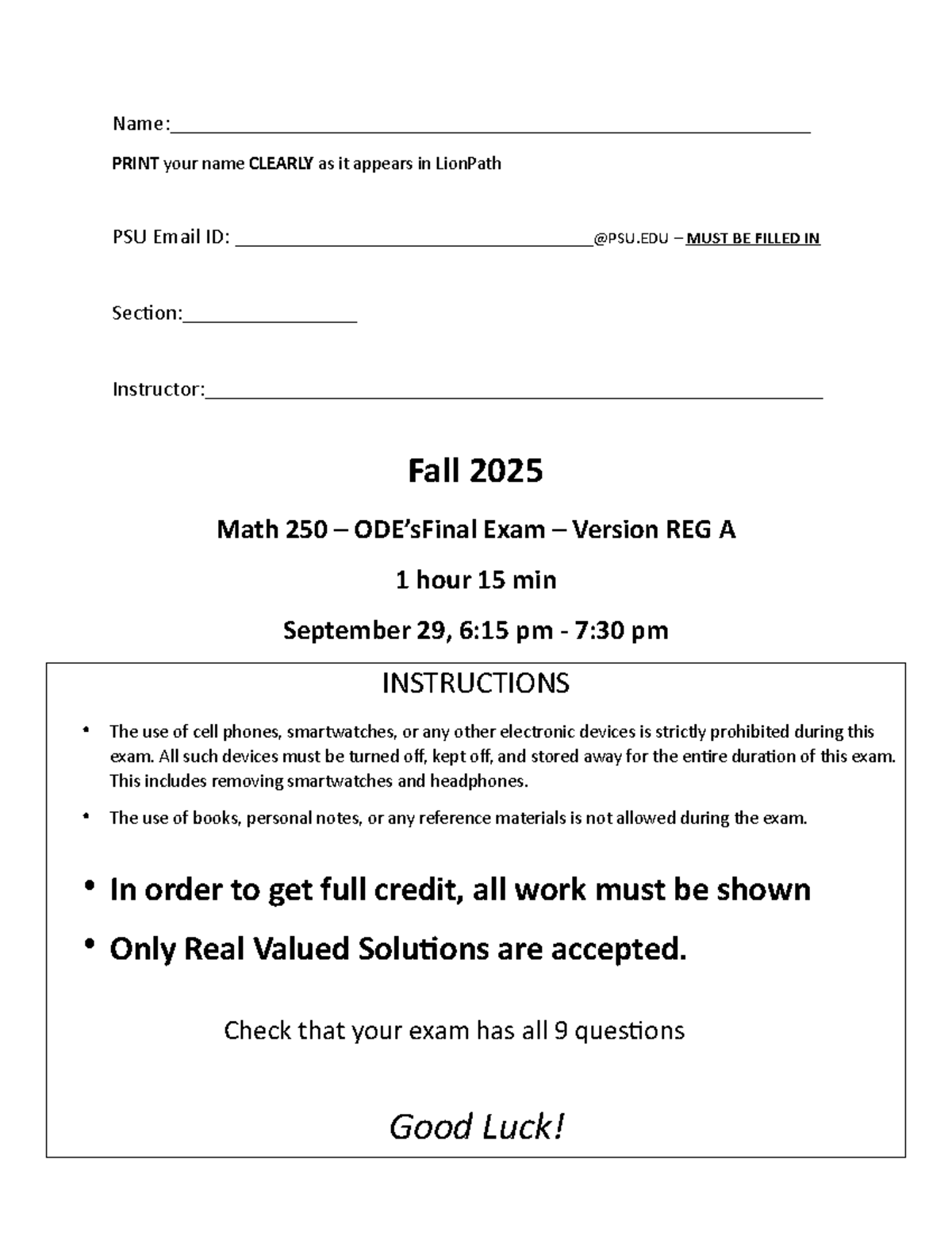 Math 250 Fall 2025 Exam 1 Practice Questions - Studocu