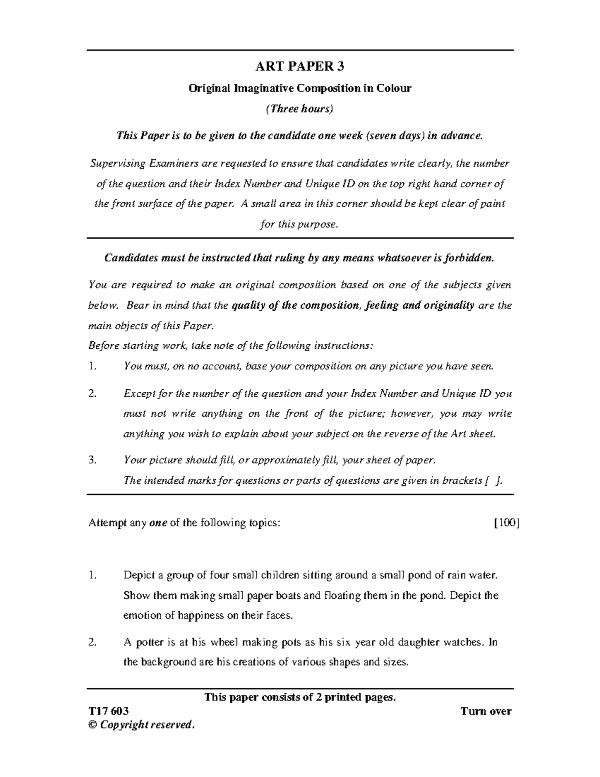 603 ART Paper 3 - Original Imaginative Composition Guidelines - Studocu
