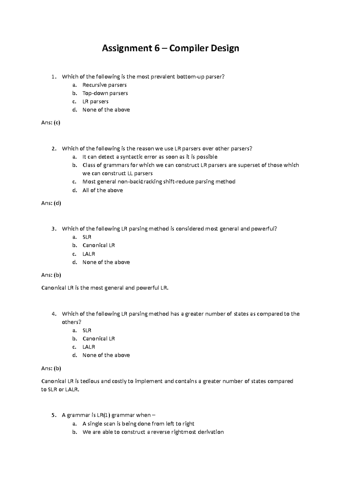 Assignment 6 - Compiler Design: LR Parsing Techniques and Concepts ...