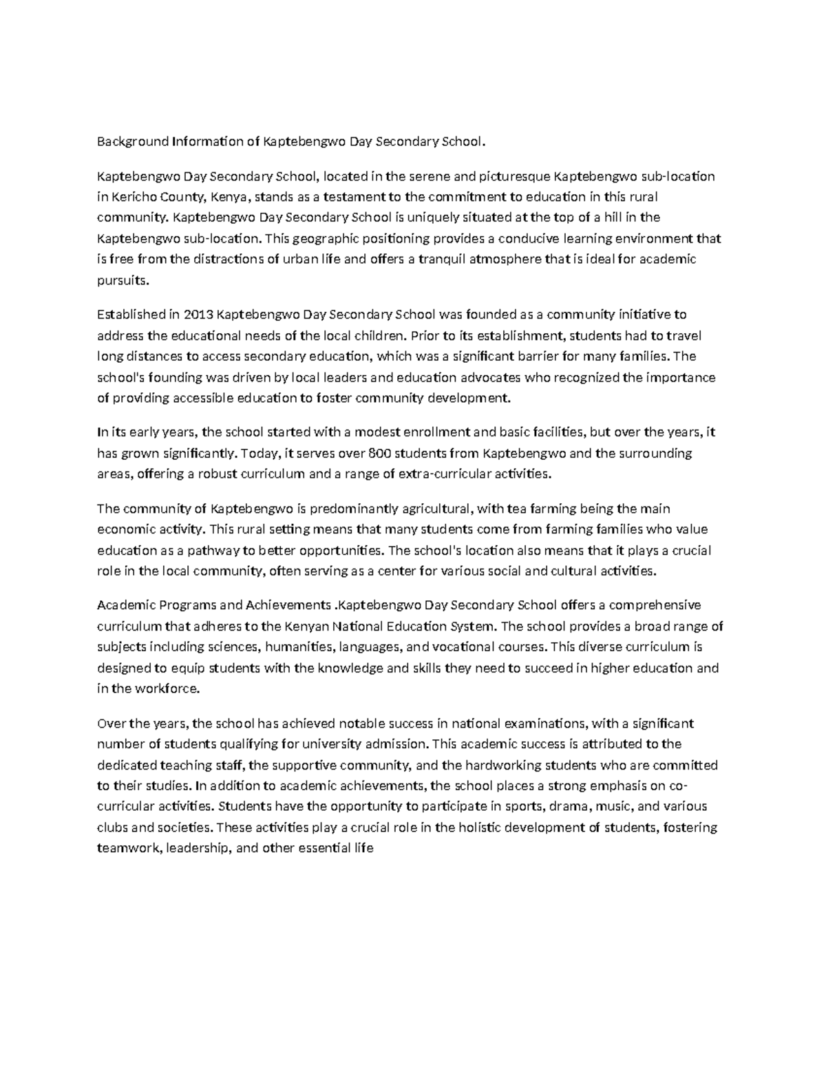 Geography form two - Background Information of Kaptebengwo Day ...
