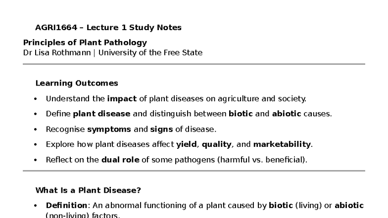 AGRI1664 Lecture Study Notes: Principles of Plant Pathology - Studocu