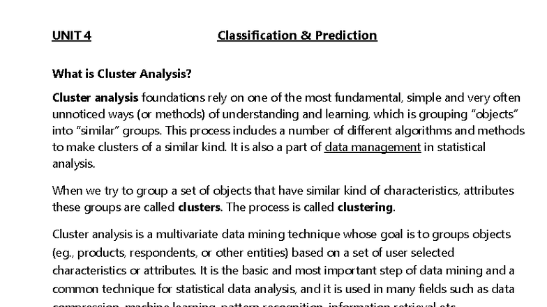 UNIT 4: Cluster Analysis Foundations and Techniques - Studocu