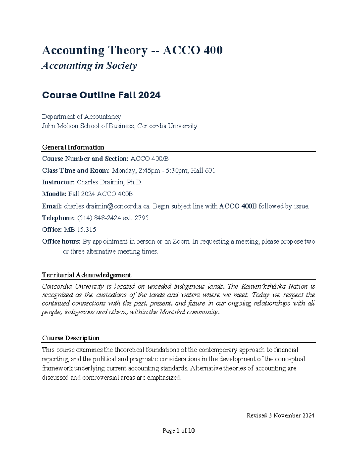 Course Outline for ACCO 400/B - Accounting Theory - Fall 2024 - Studocu