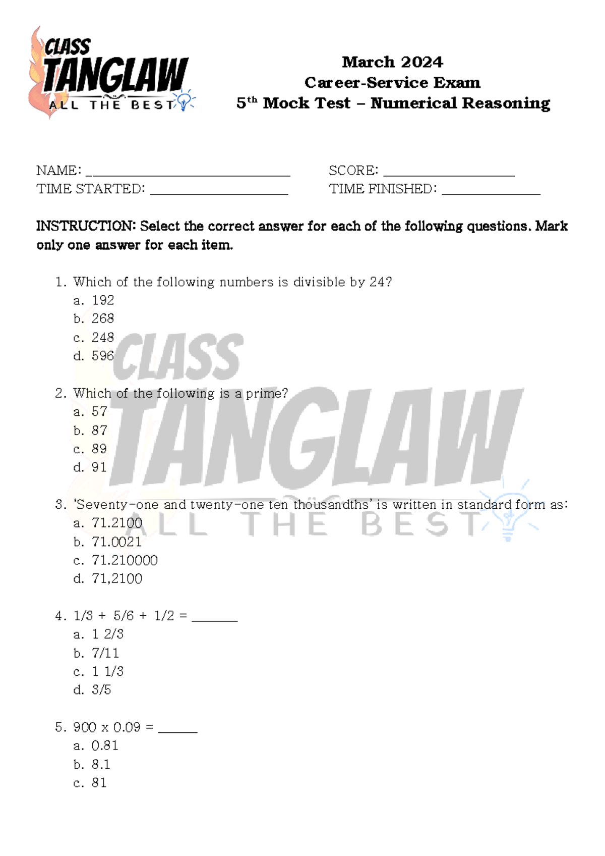 005 Numerical Reasoning Mock Test with Solutions - Studocu