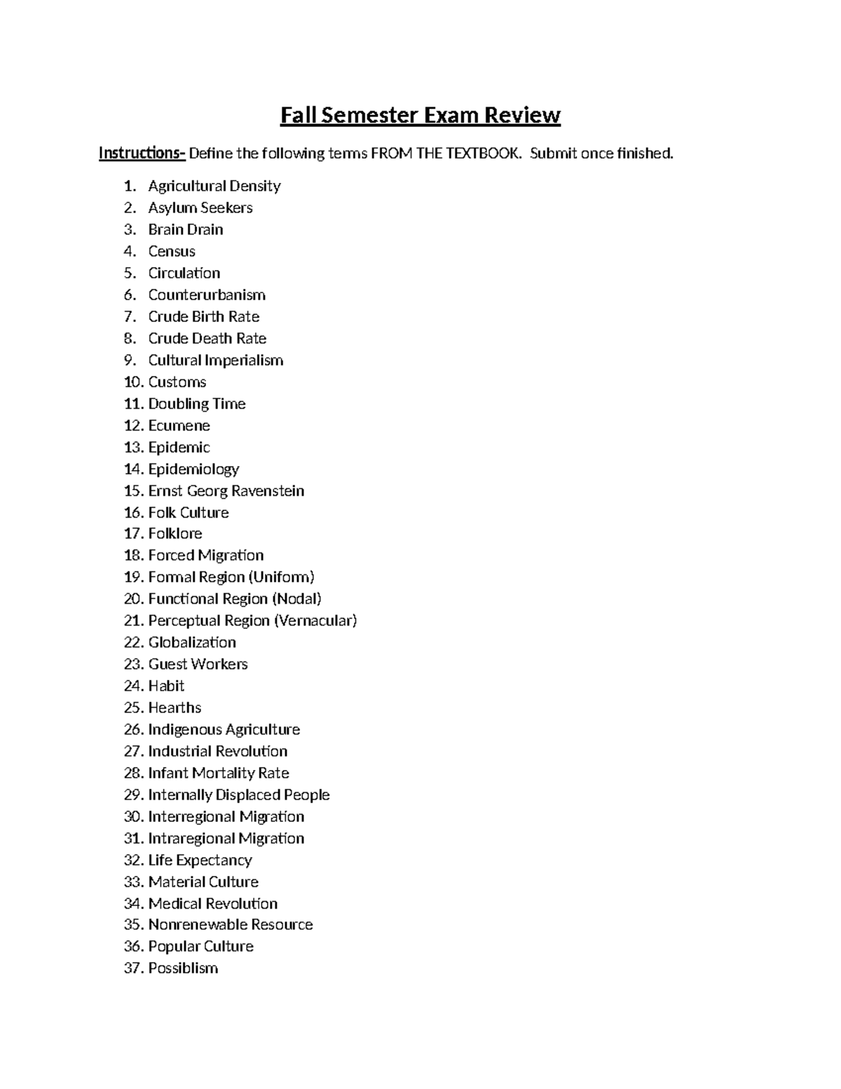 APHG Fall Semester Exam Review - Fall Semester Exam Review Instructions ...