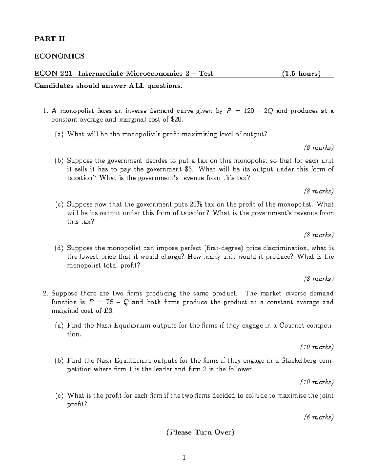 Midterm Test 2016, questions - PART II ECONOMICS ECON 221- Intermediate ...