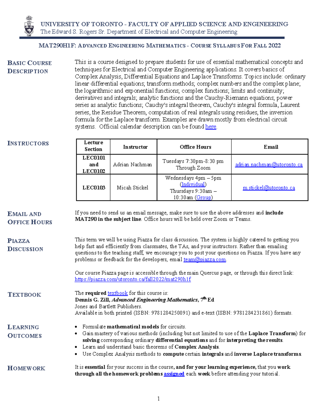MAT290H1F Syllabus: Advanced Engineering Mathematics Fall 2022 - Studocu