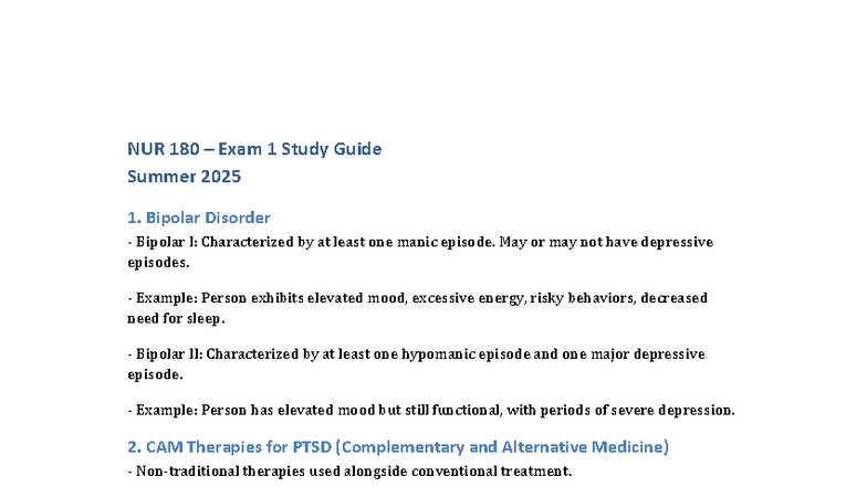 NUR 180 Exam 1 Comprehensive Study Guide for Mental Health Topics - Studocu
