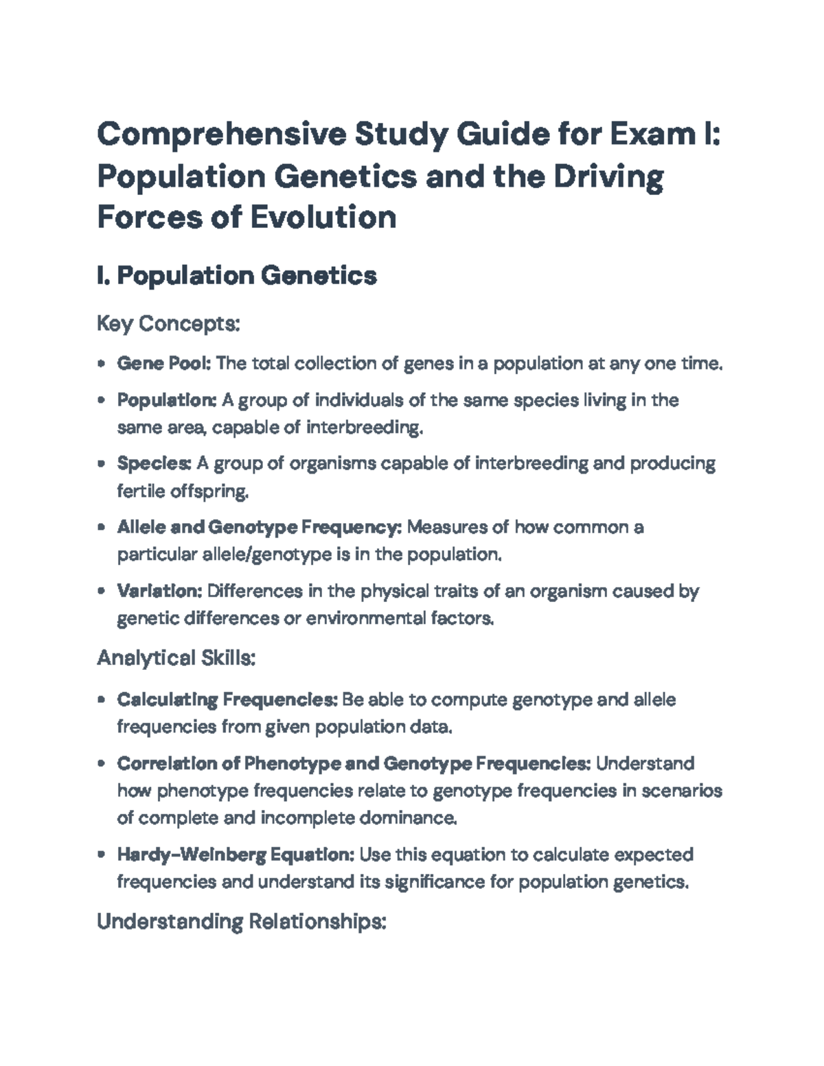 Comprehensive Study Guide for Exam I: Population Genetics & Evolution ...