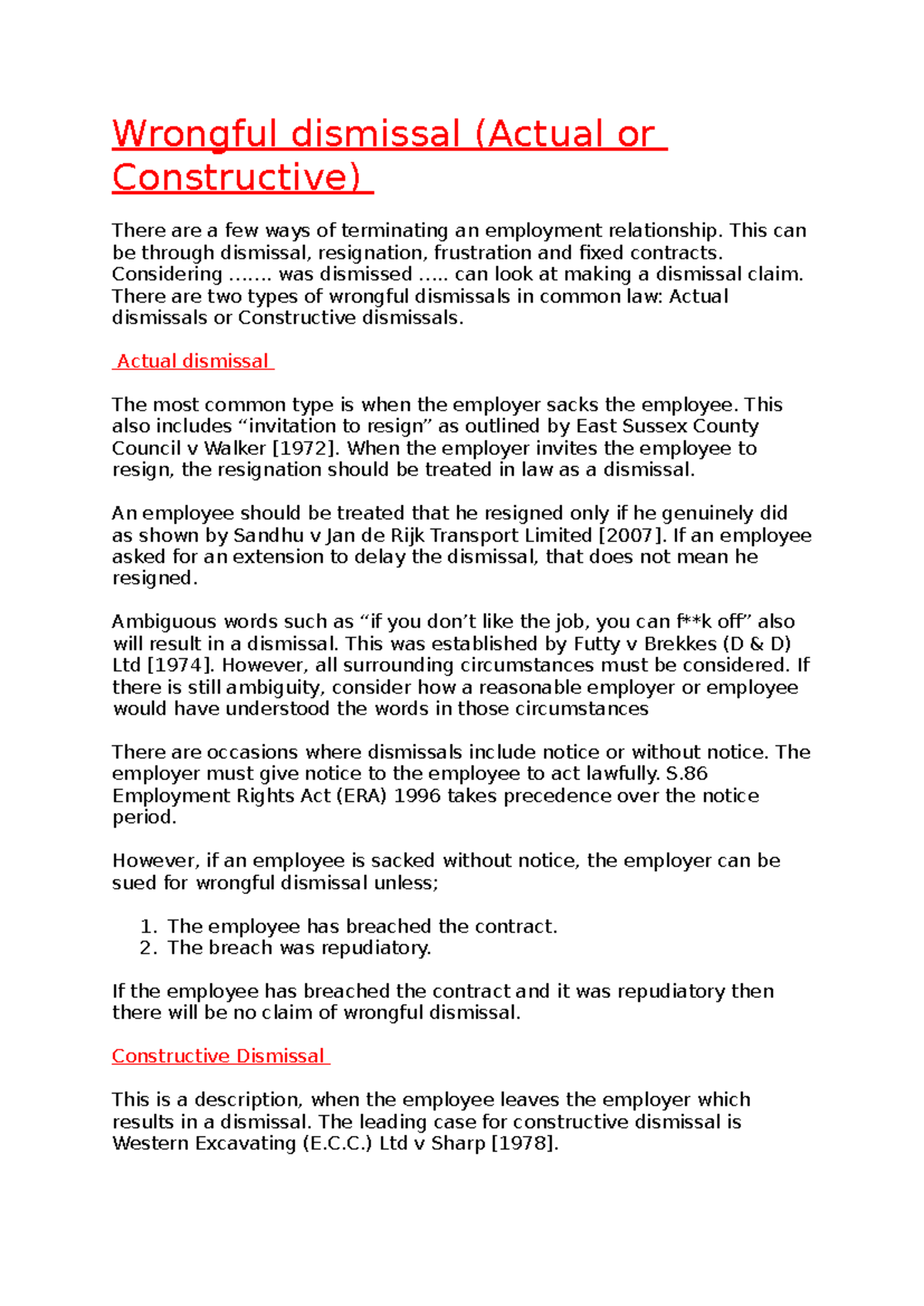 Employment Law Notes: Wrongful Dismissal & Discrimination (LAW101 ...