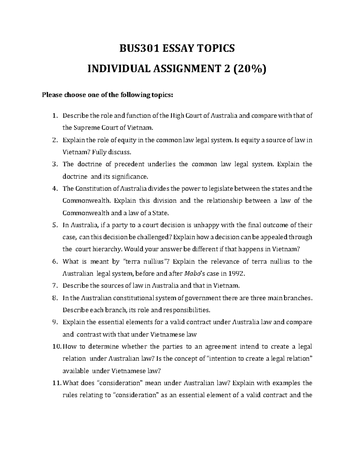 BUS301 Essay-Topics -Term-3 - BUS301 ESSAY TOPICS INDIVIDUAL ASSIGNMENT ...