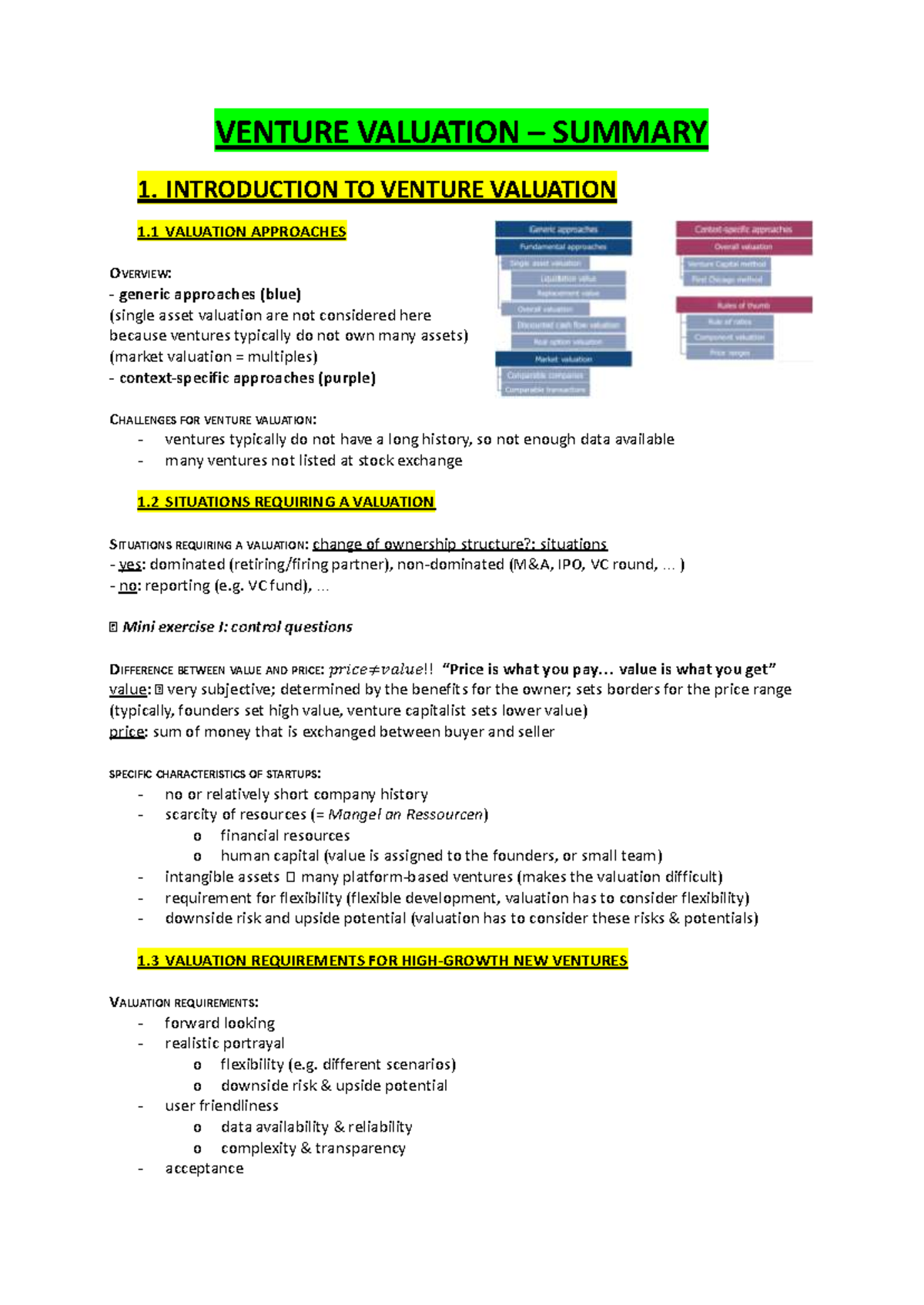 Venture Valuation Summary: Key Approaches and Challenges - Studocu