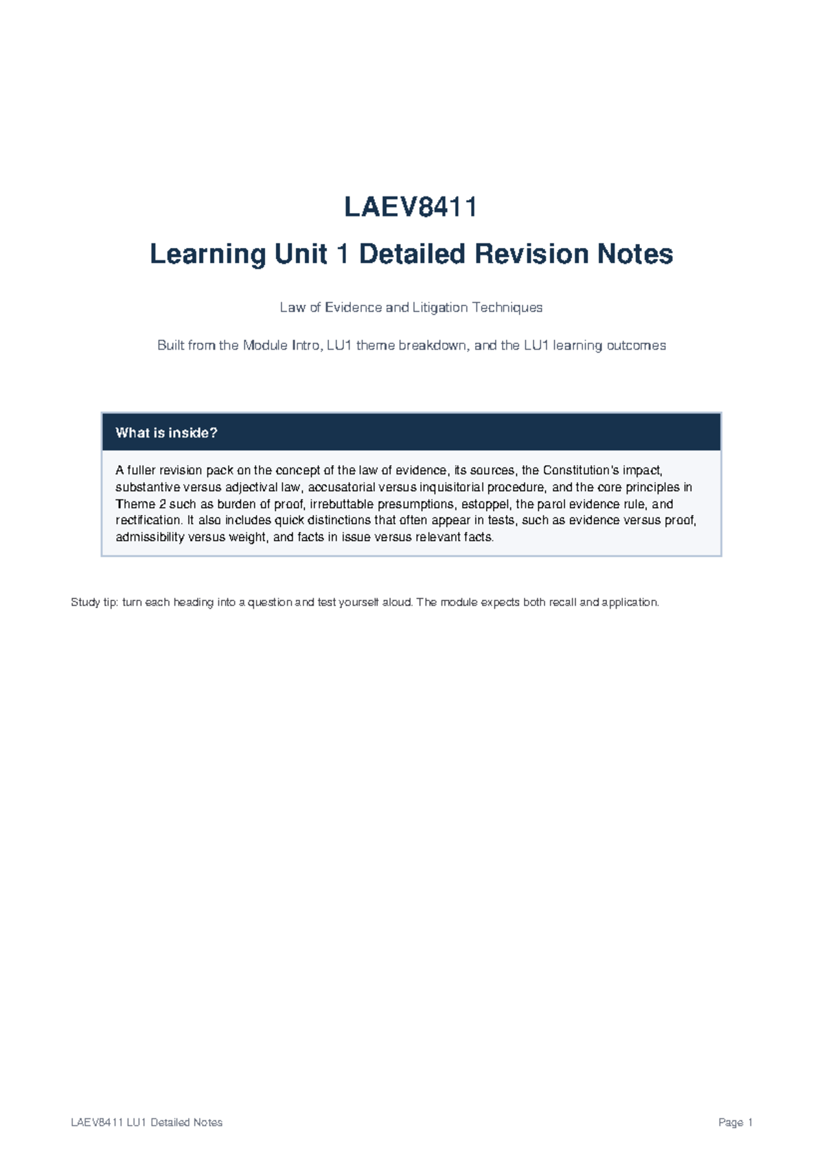 LAEV8411 LU1 Comprehensive Revision Notes on Law of Evidence - Studocu