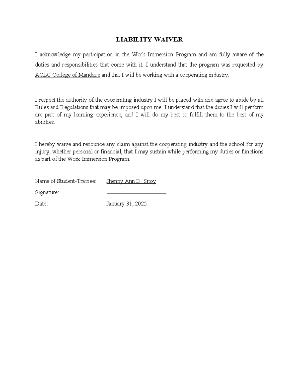 Liability Waiver for Work Immersion at ACLC College - Student Agreement ...