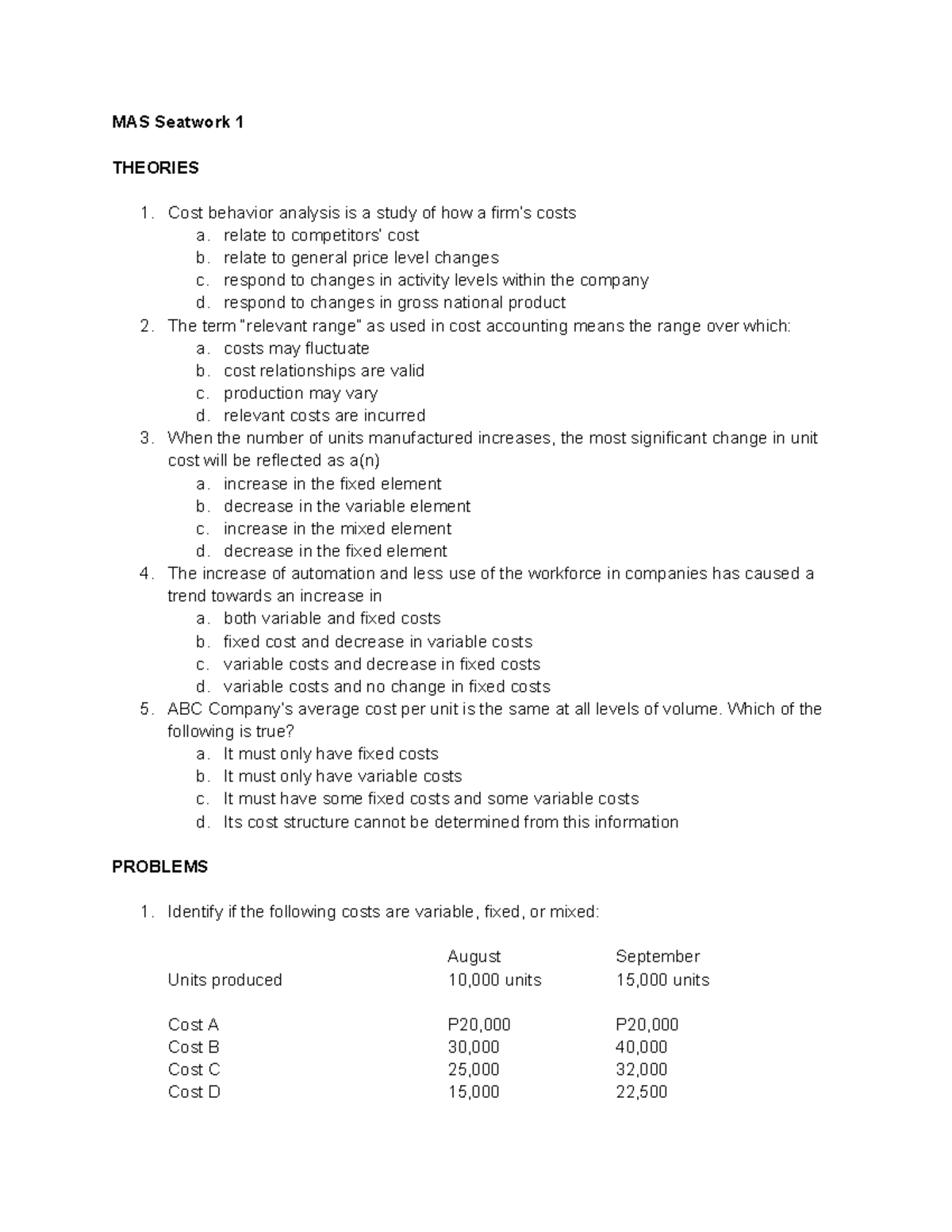 MAS - Seatwork 1 - Cost Behavior Analysis & Quiz Questions - Studocu