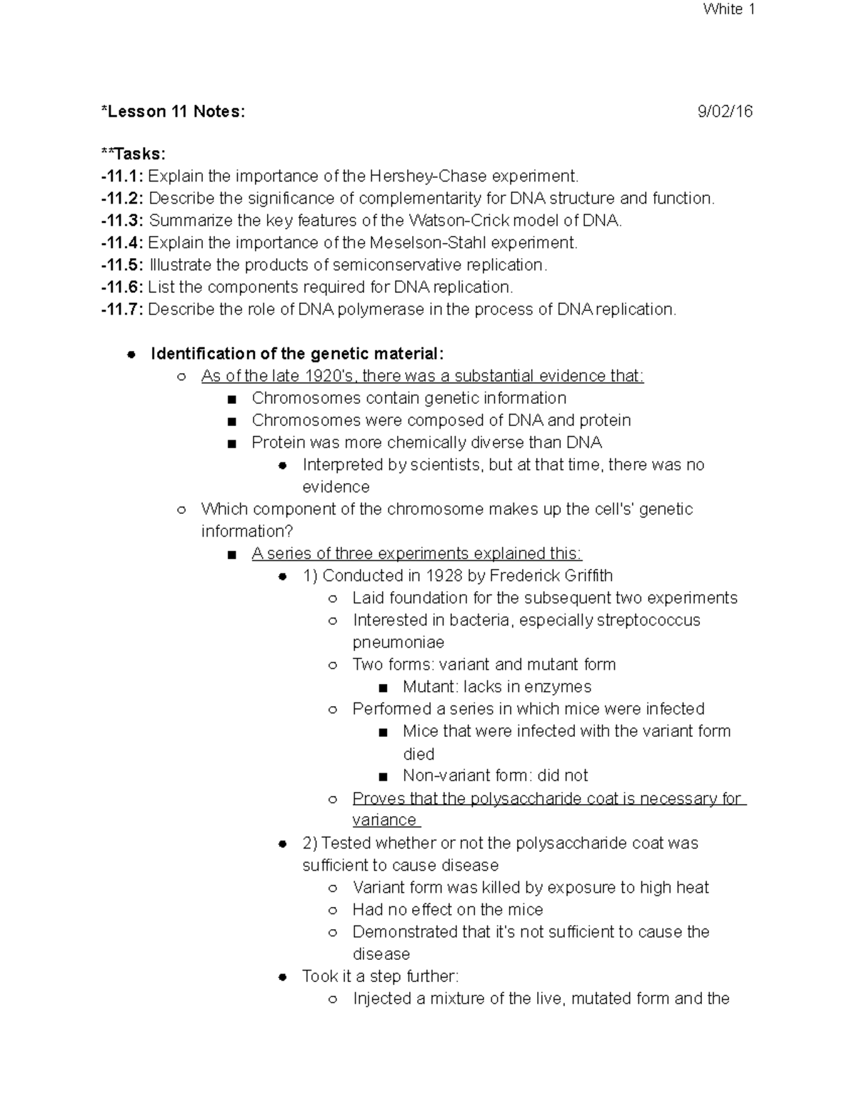 Lesson 11 - Lecture notes 1 - White 1 11 Notes: Explain the importance ...