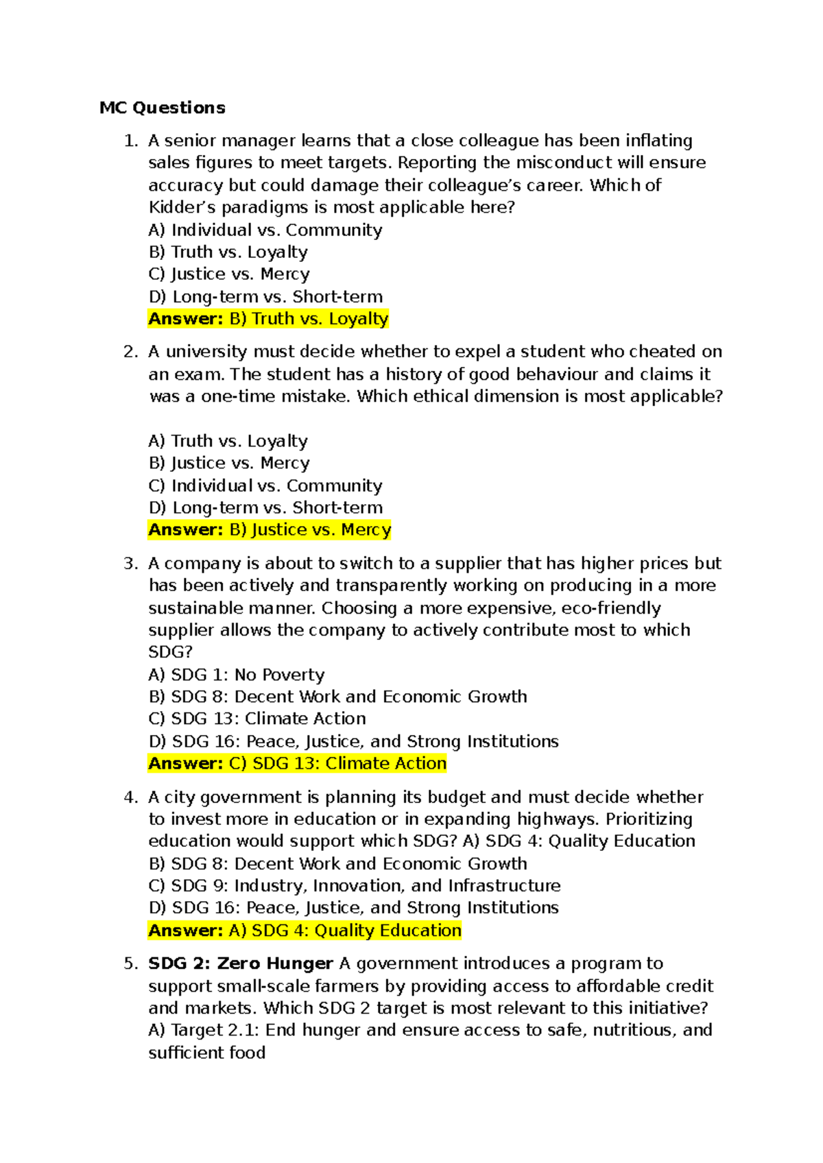ESR Mock Exam Questions and Answers: Ethical Dilemmas and SDGs ...