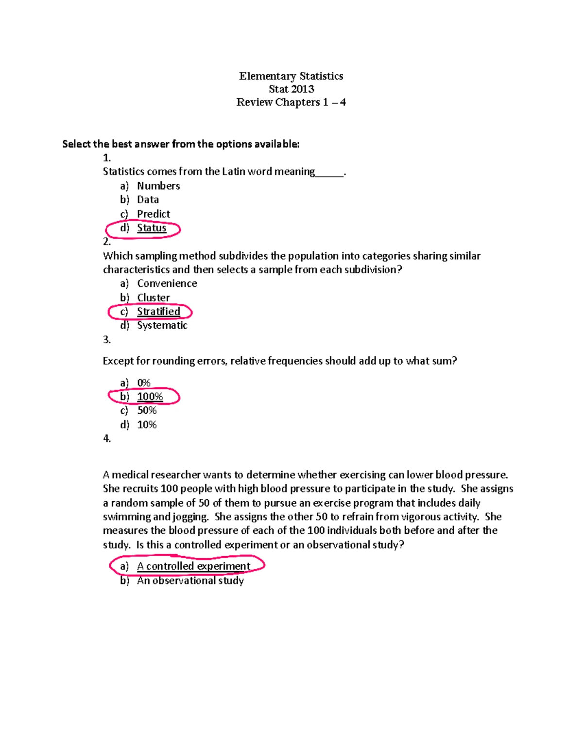 Elementary Statistics (STAT101) Final Exam Review: Concepts & Problems ...