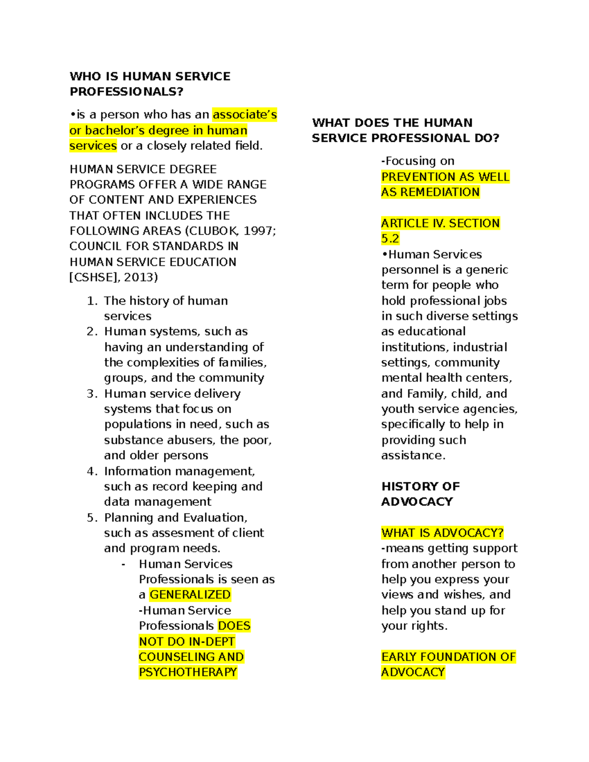 HS- Human Services Overview: Roles, History, and Ethics Guide - Studocu
