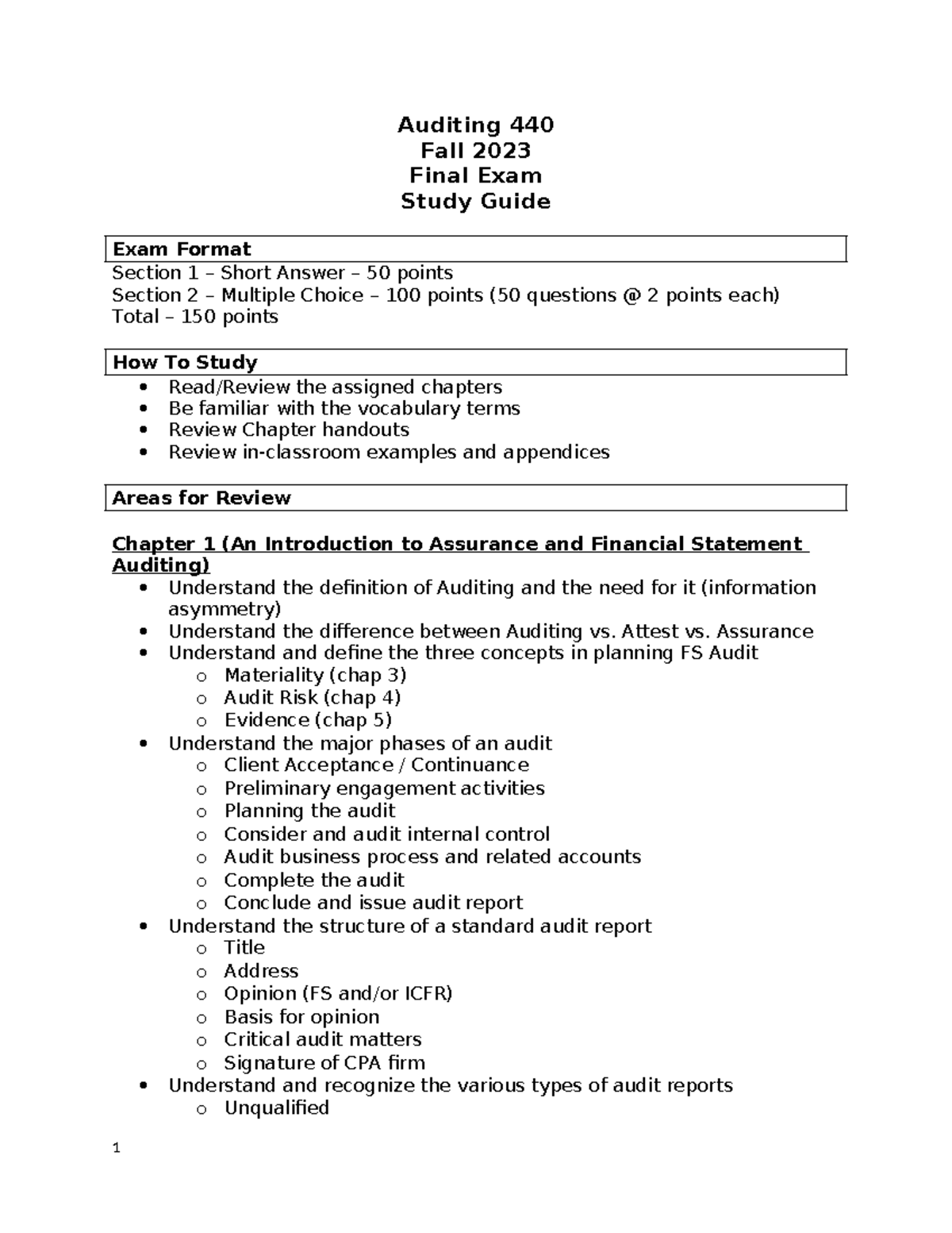 Auditing 440 Final Exam Study Guide - Fall 2023 Review - Studocu