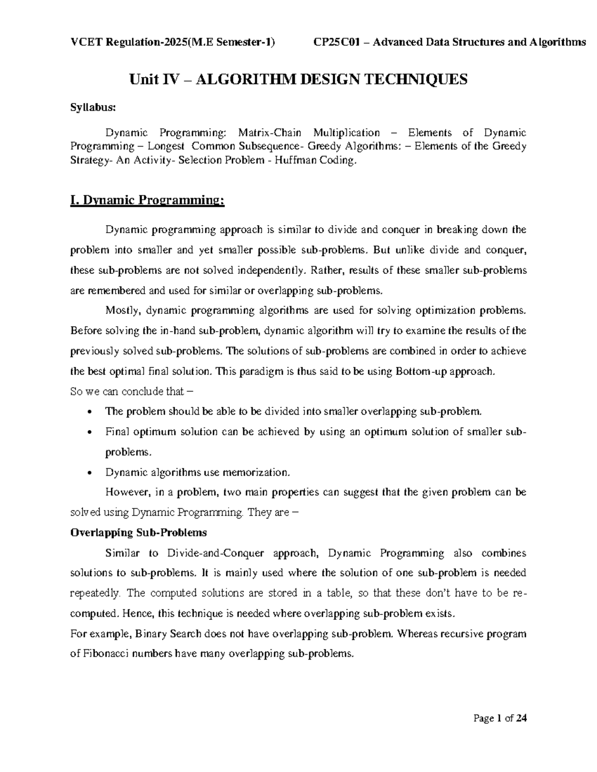 Vcet Cp25c01 Advanced Data Structures Algorithms Unit Iv Algorithm