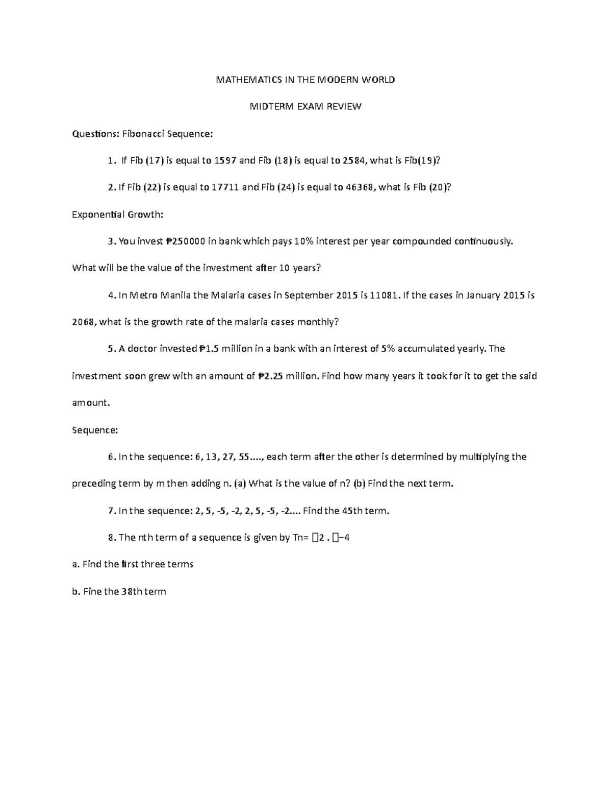 Mathematics in the Modern World (MN 101) Midterm Exam Answer Key - Studocu