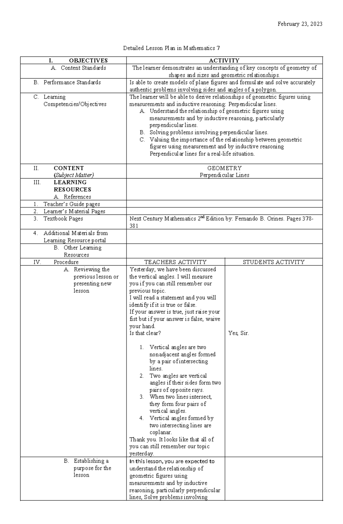 LP in Math 7 W2D4 (done) - Lesson Plans for Grade 7 Third/ Fourth ...