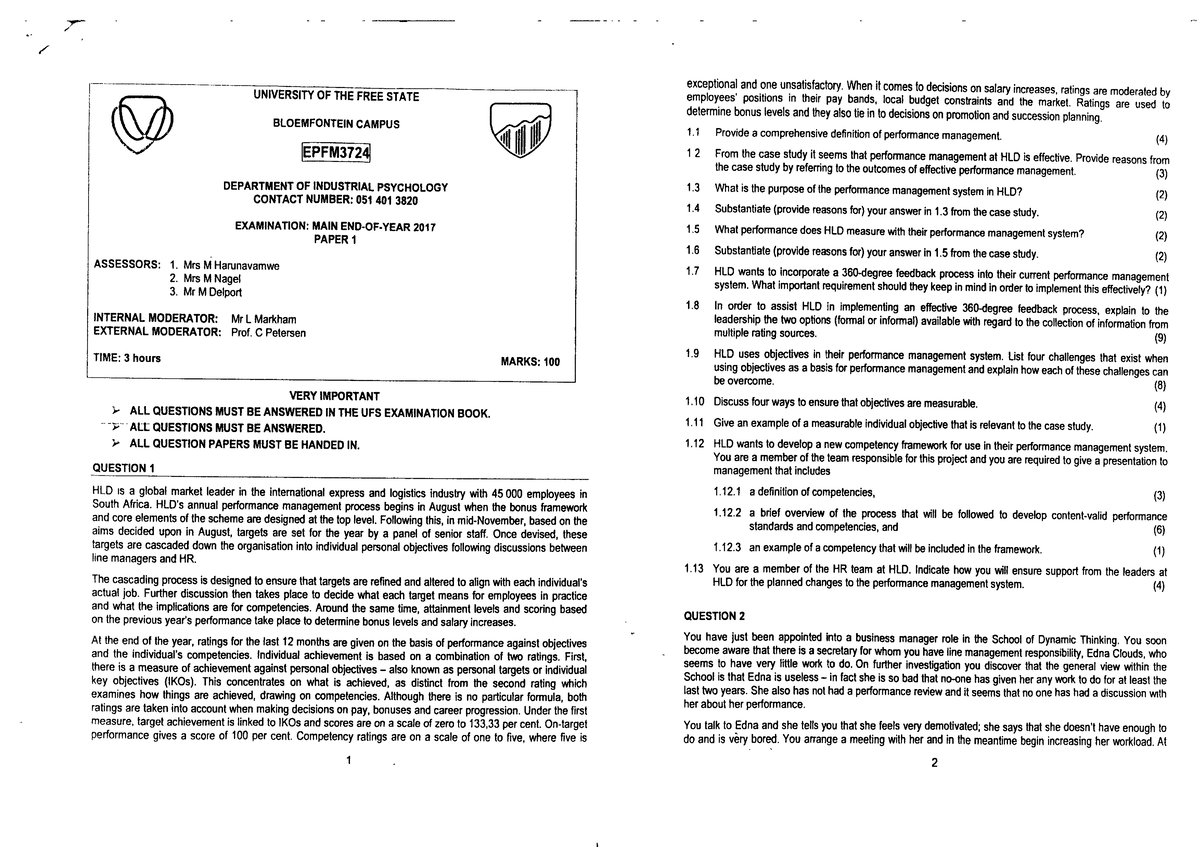 UFS EPFM3724 Past Exam Paper: Performance Management Policies - Studocu