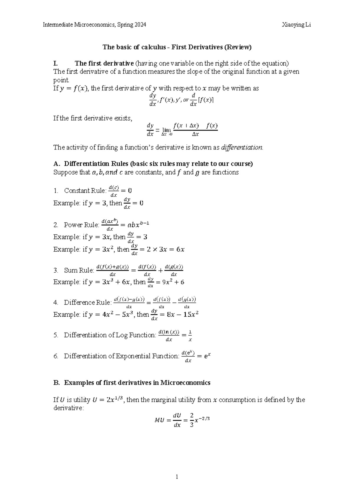 Review of First Derivatives in Intermediate Microeconomics (VT24) - Studocu