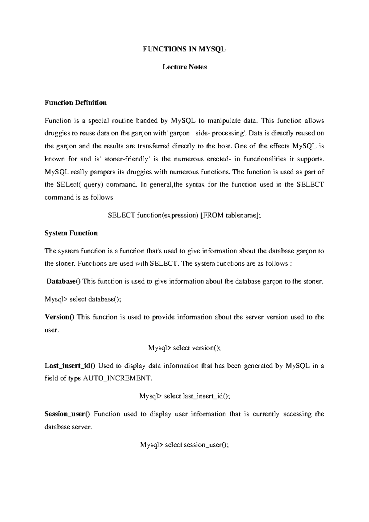 Functions IN Mysql - FUNCTIONS IN MYSQL Lecture Notes Function ...