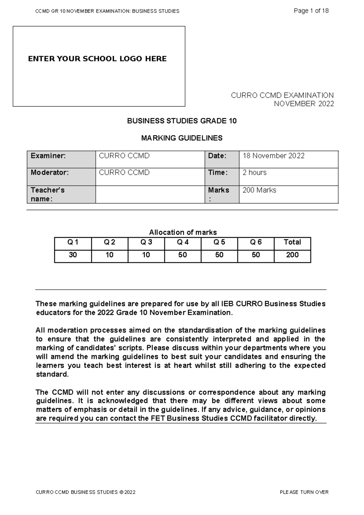 Grade 10 CCMD BS Nov 2022 Marking Guidelines (Eng) - CURRO CCMD ...