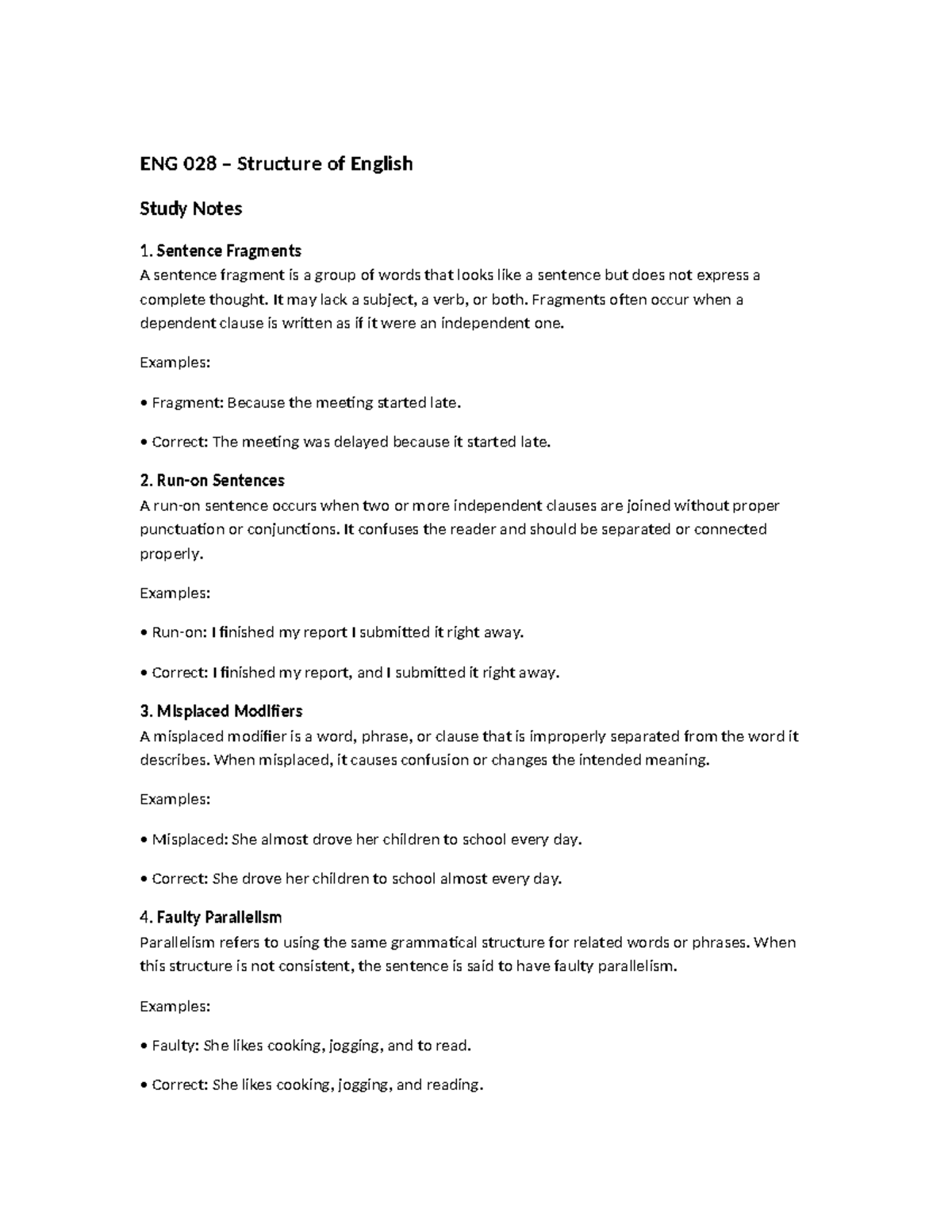 ENG 028 Study Notes: Understanding Sentence Structure and Errors - Studocu