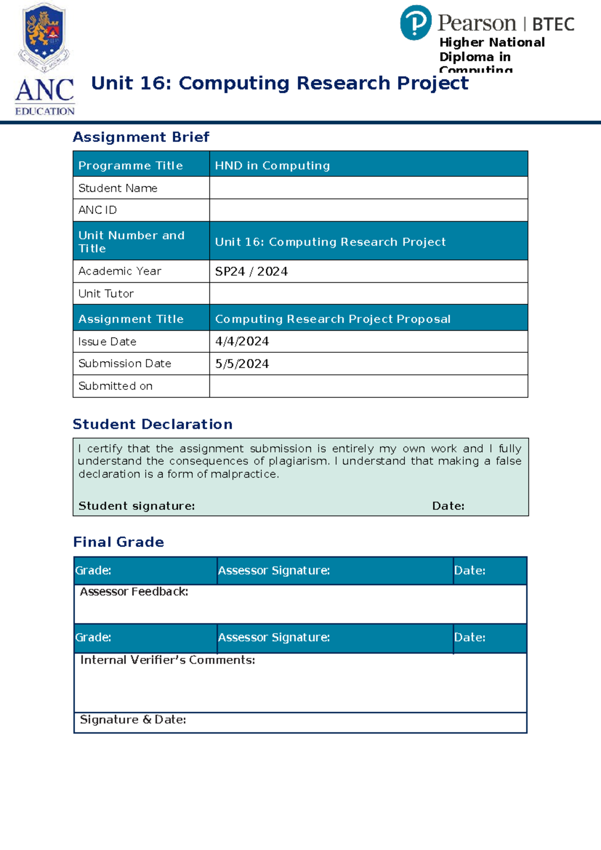 Unit 16: Computing Research Project Proposal - Part 2 Submission Guide ...