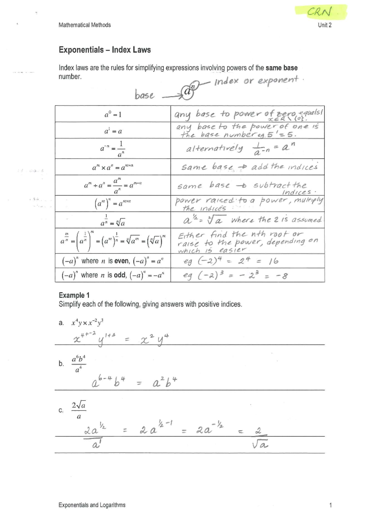 Mathematical Methods CRN Unit 2: Exponentials & Logarithms Notes - Studocu