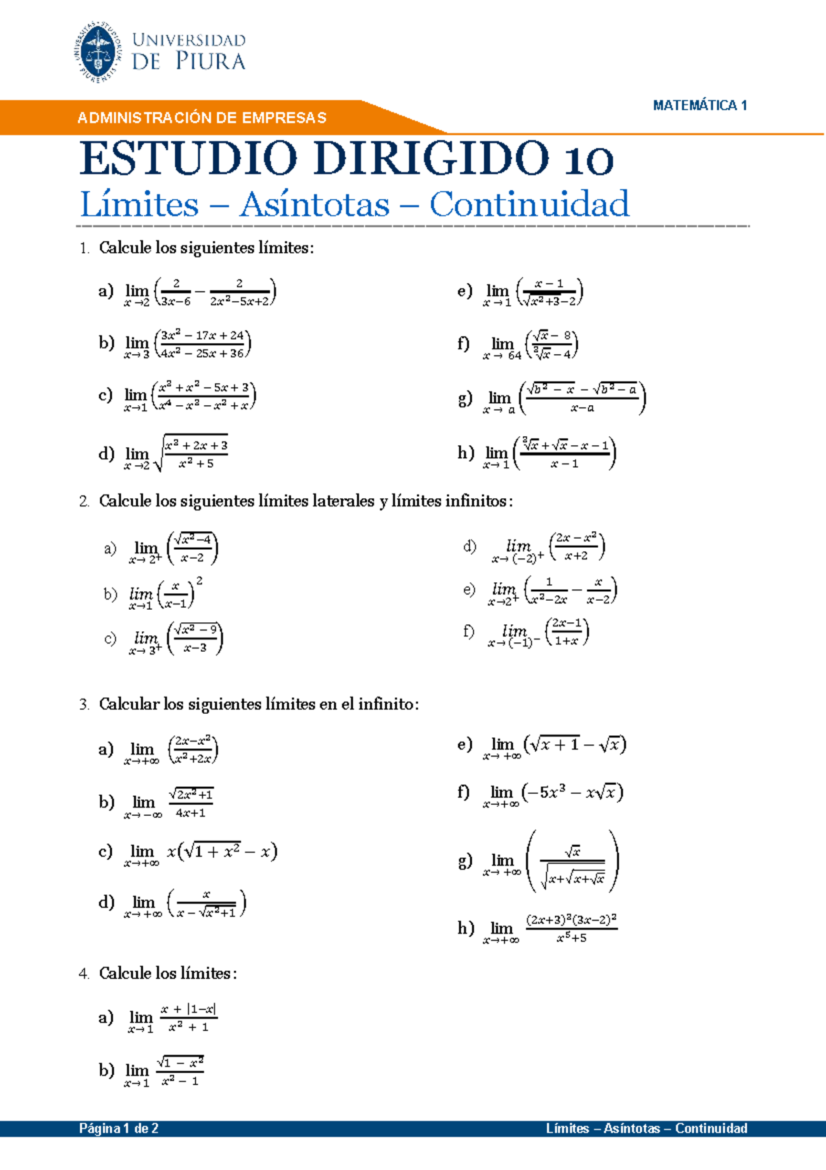 MATEMÁTICA 1 - ESTUDIO DIRIGIDO 10: Límites y Continuidad - Document Preview