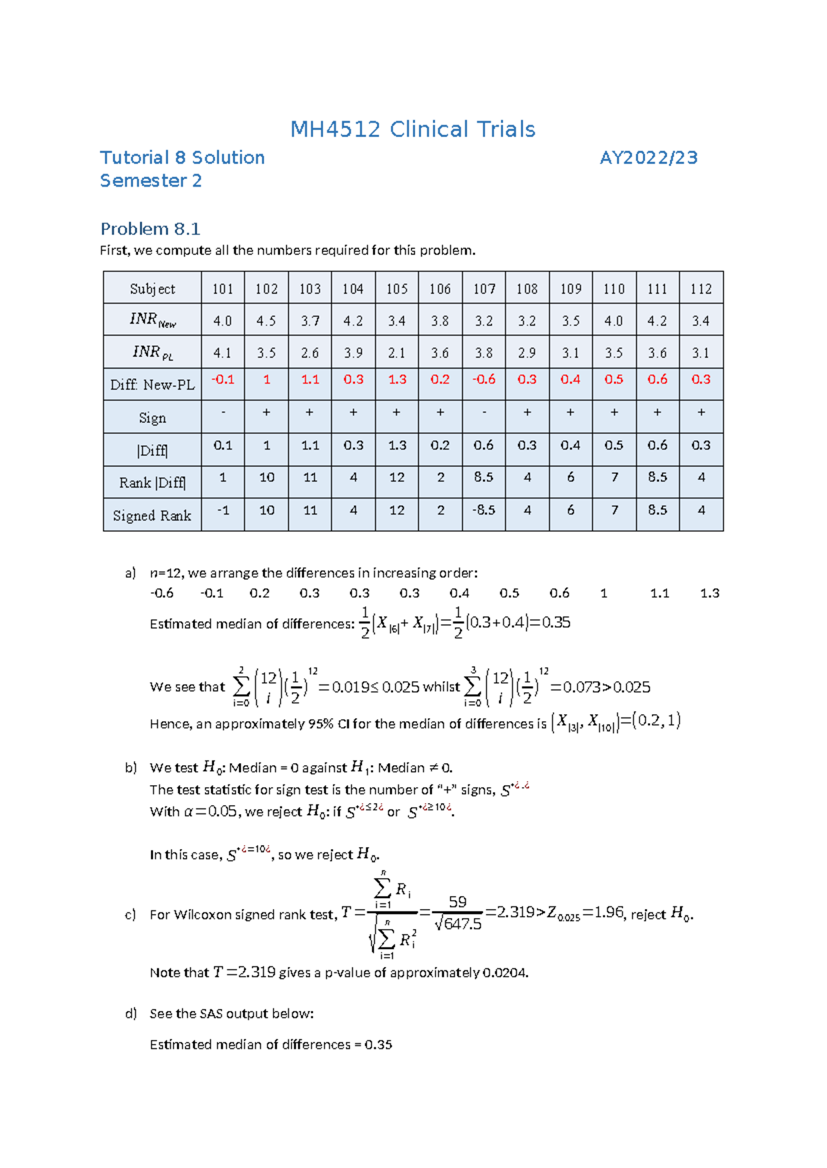 MH4512 Tutorial 08 Solutions for Clinical Trials Analysis - Studocu