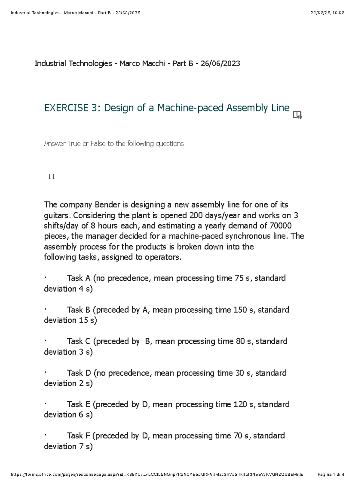 Industrial Technologies ITM101 Final Exam: Assembly Line Design ...