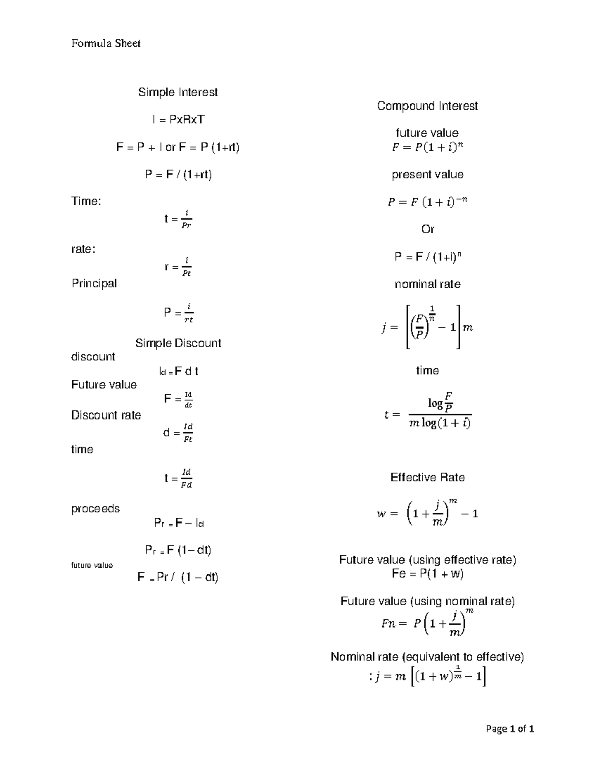 Formula+Sheet for+Quiz1 - Formula Sheet Page 1 of 1 Simple Interest I ...