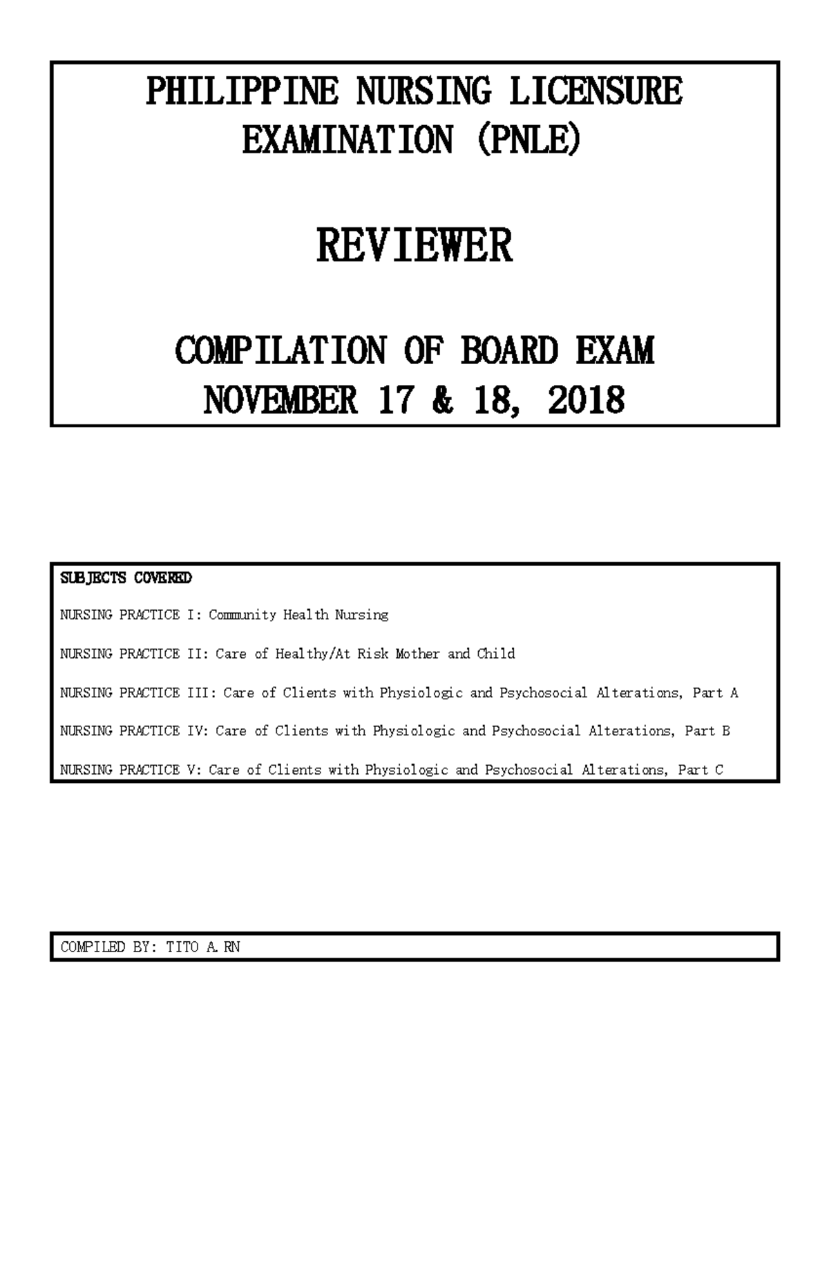 PNLE 2018: Comprehensive Reviewer for Nursing Practice I Exam - Studocu