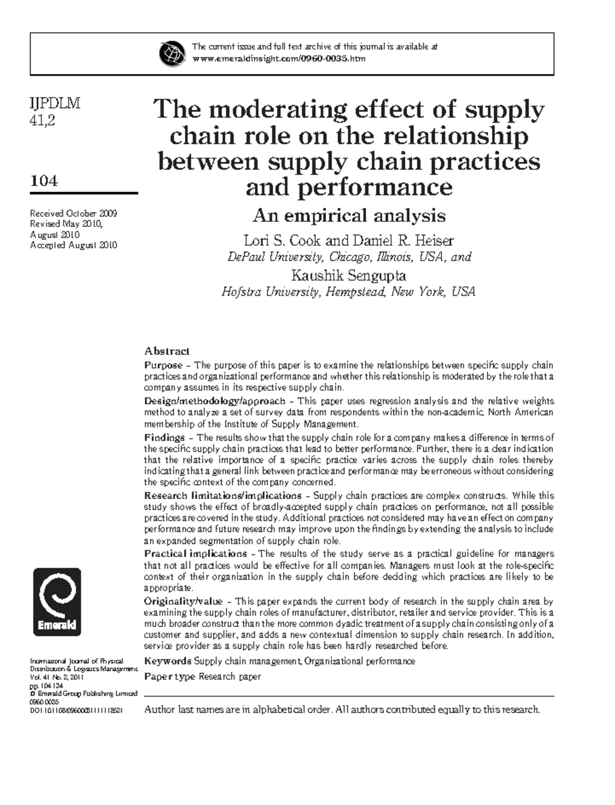The Moderating Effect of Supply Chain Role on Practices & Performance ...