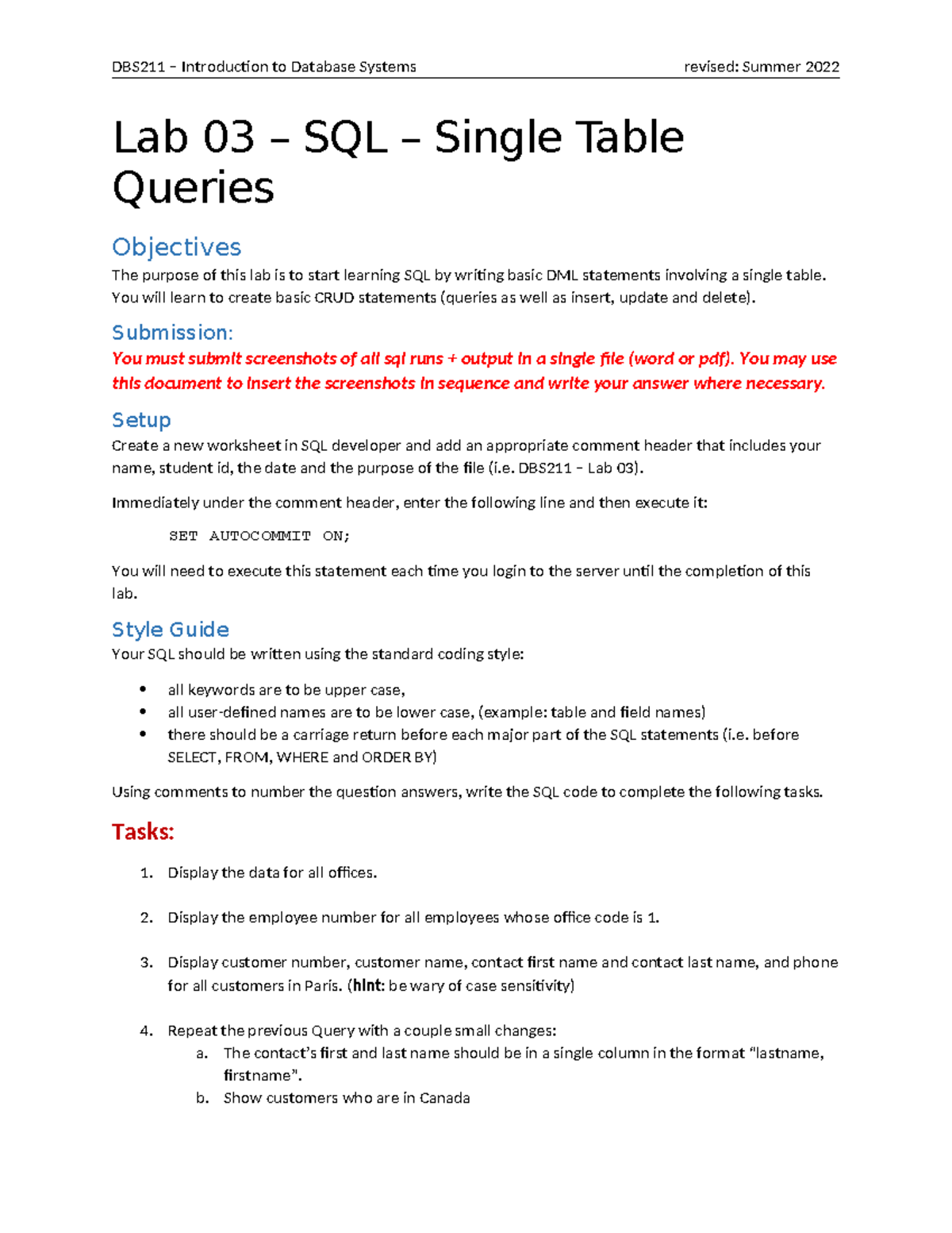 DBS211 Lab 03: SQL Single Table Queries & DML Statements - Studocu