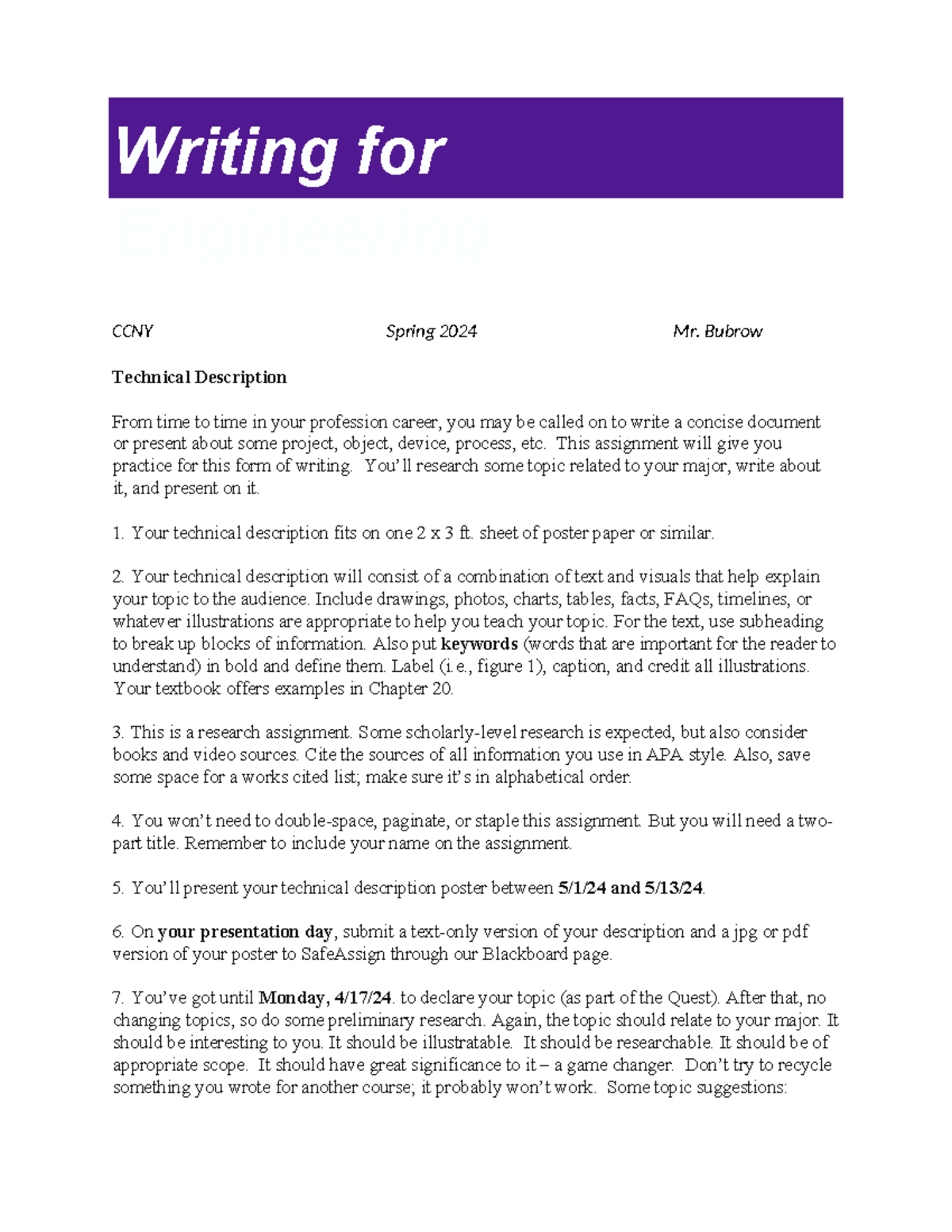 Technical Description Assignment for Engineering Writing CCNY Sp24 ...