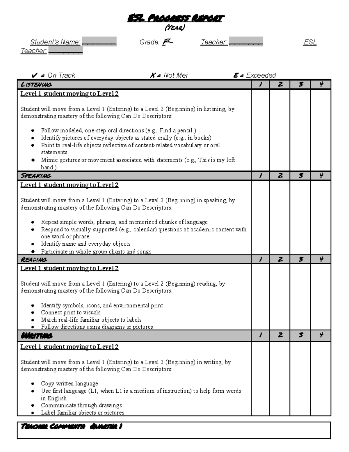 1st ESL Progress Report: Student Advancement Levels - Studocu