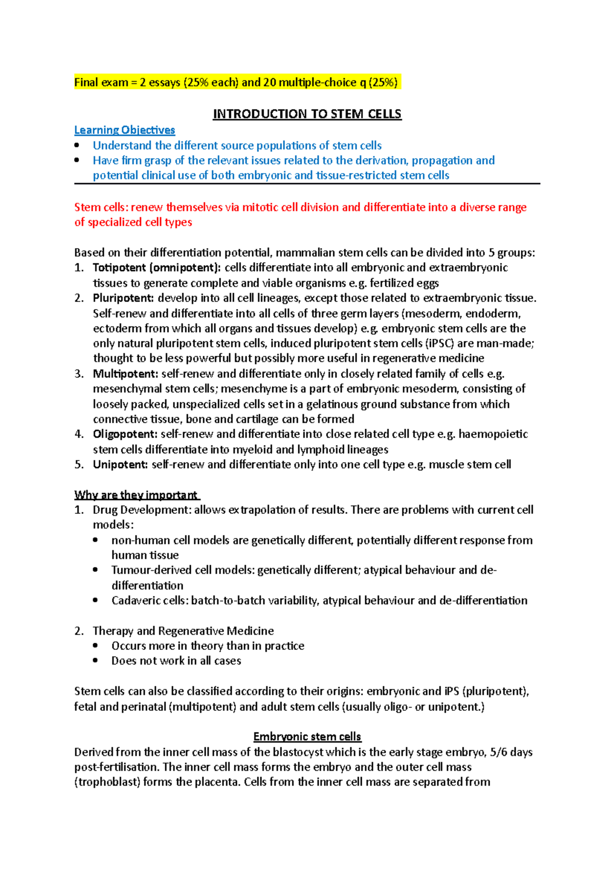 L1 Stem Cells Discussion - Final Exam Lecture Notes 1 - Studocu