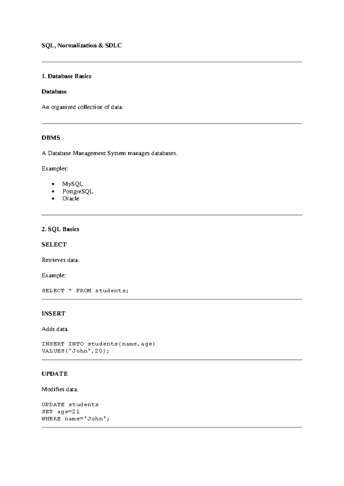 Database Systems Summary Notes: SQL, Normalization & SDLC - Studocu