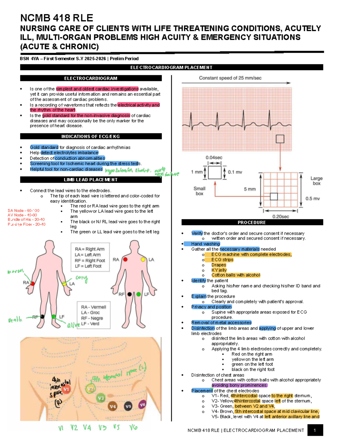 NCMB 418 RLE ECG Placement Notes for Nursing Care in Emergencies - Studocu